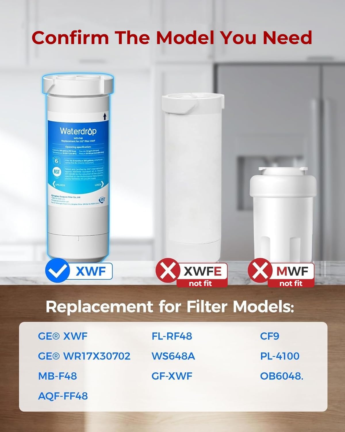 Waterdrop XWF (No-chip) Refrigerator Water Filter, Replacement for GE® WR17X30702, NSF 42/372 Certified, Compatible with GNE27, GFE26, GDE25, GSS25, PSE25 Series Refrigerators, 3-Pack (Not XWFE) ( Doesn't come with Origianl Boc )