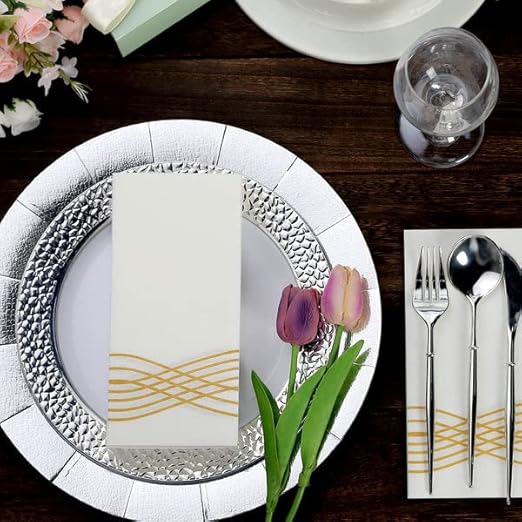 Tableclothsfactory 20 Pack | Gold Foil White Airlaid Soft Linen-Feel Paper Dinner Napkins, Disposable Hand Towels