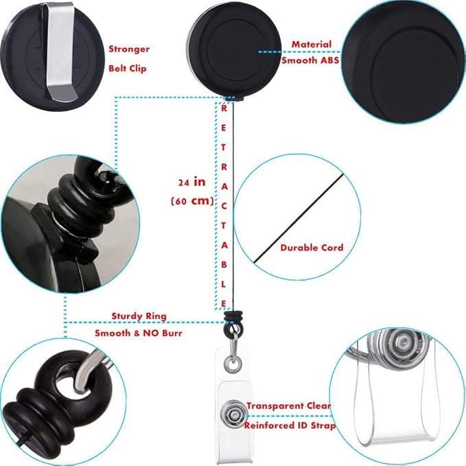 Badge Reel with Belt Clip, Badge Holder Retractable Clip, ID Badge Clip with 29a Retractable Cord (Black, 2 Pack)