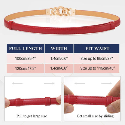 Glamorstar Women Skinny Belts for Dresses Thin PU Leather Waist Belt with Gold Buckle Fit Wait Size Up To 37"