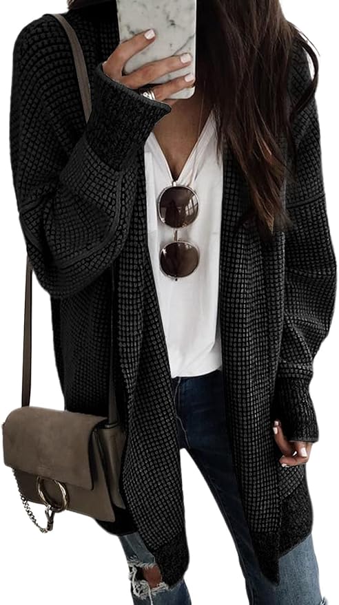 Sidefeel Womens 2025 Fall Winter Long Sleeve Open Front Cardigan Sweaters Oversized Checkered Chunky Knit Sweaters Coat