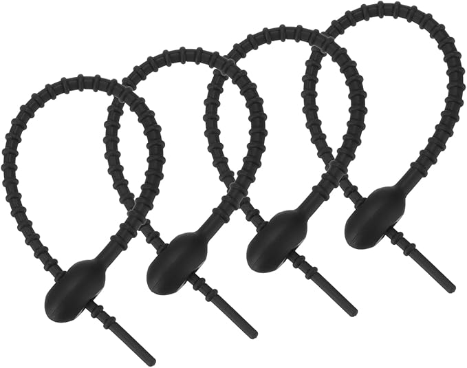 MECCANIXITY 4 Pack Silicone Cable Ties 7 Inch Reusable Zip Ties Twist Ties Elastic Wire Tie Cord Organizer for Bag Clip Cord Management, Black