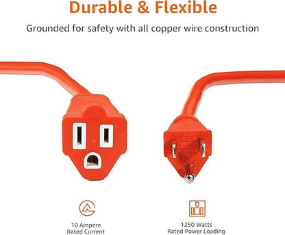 Basics Heavy Duty 100-Foot 3-Prong Vinyl Indoor/Outdoor Extension Cord - 10 Amps, 1250 Watts, 125 VAC - Orange