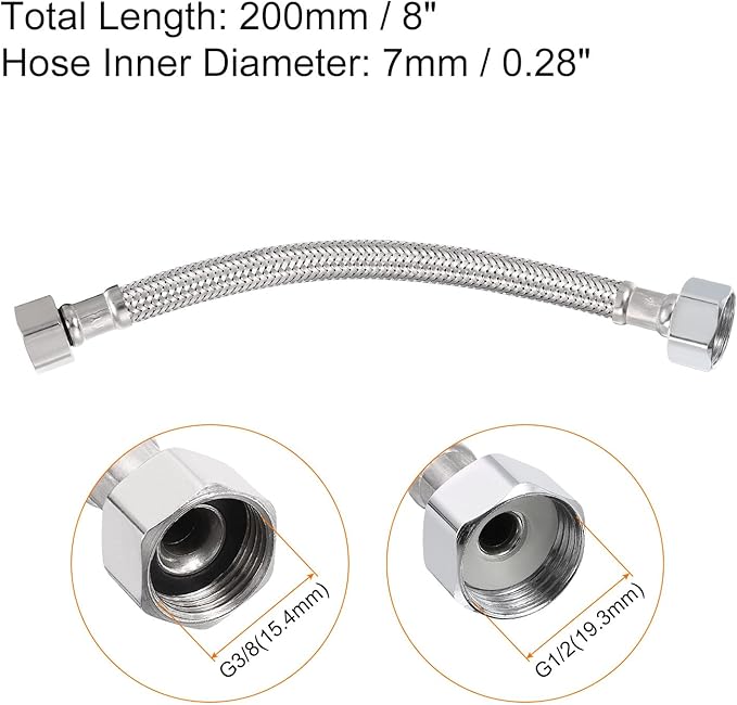 uxcell 8 Inch Long Faucet Supply Line Connector, G38 Female Compression Thread x G12 Female Connector Straight Thread 304 Stainless Steel Water Supply Hose Line