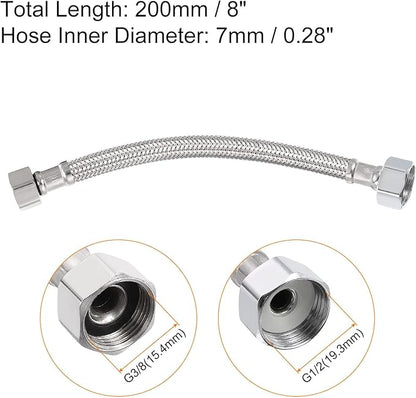 uxcell 8 Inch Long Faucet Supply Line Connector, G38 Female Compression Thread x G12 Female Connector Straight Thread 304 Stainless Steel Water Supply Hose Line