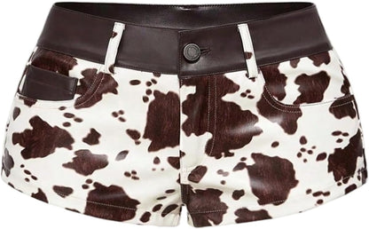 SHENHE Women's Cow Print PU Leather Micro Shorts Y2K Vintage Low Waist Casual Mini Shorts