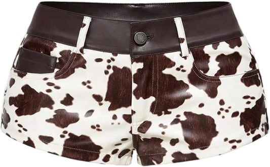 SHENHE Women's Cow Print PU Leather Micro Shorts Y2K Vintage Low Waist Casual Mini Shorts