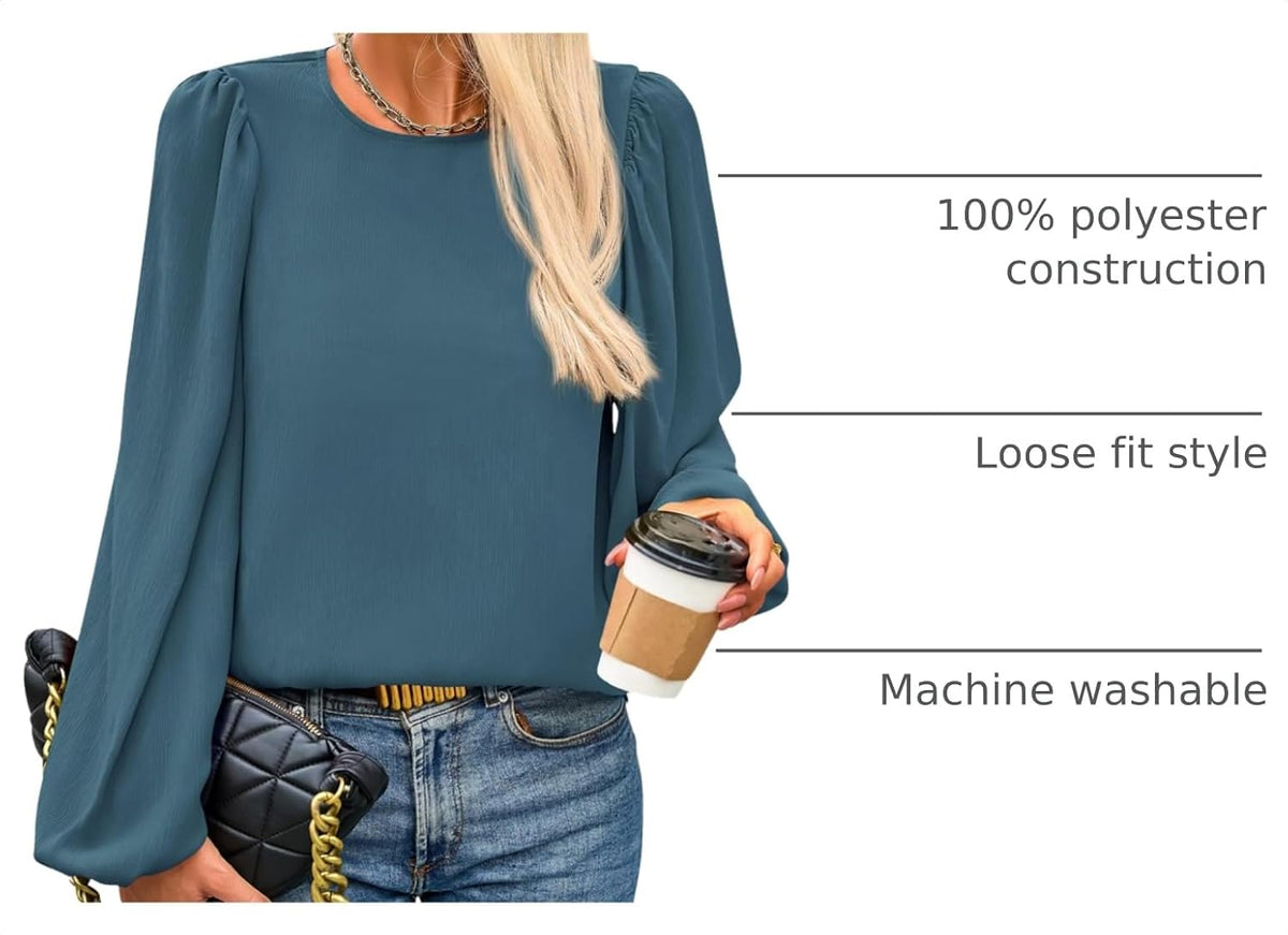 PRETTYGARDEN Womens Tops 2025 Spring Puff Long Sleeve Chiffon Work Blouses Dressy Casual Crewneck Flowy Shirts Fall Outfits