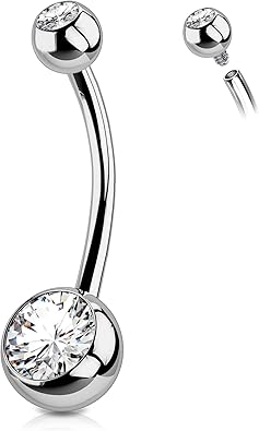 OUFER Titanium Belly Button Rings, Internally Threaded 14mm Long Belly Ring, Round CZ Navel Rings for Women Men