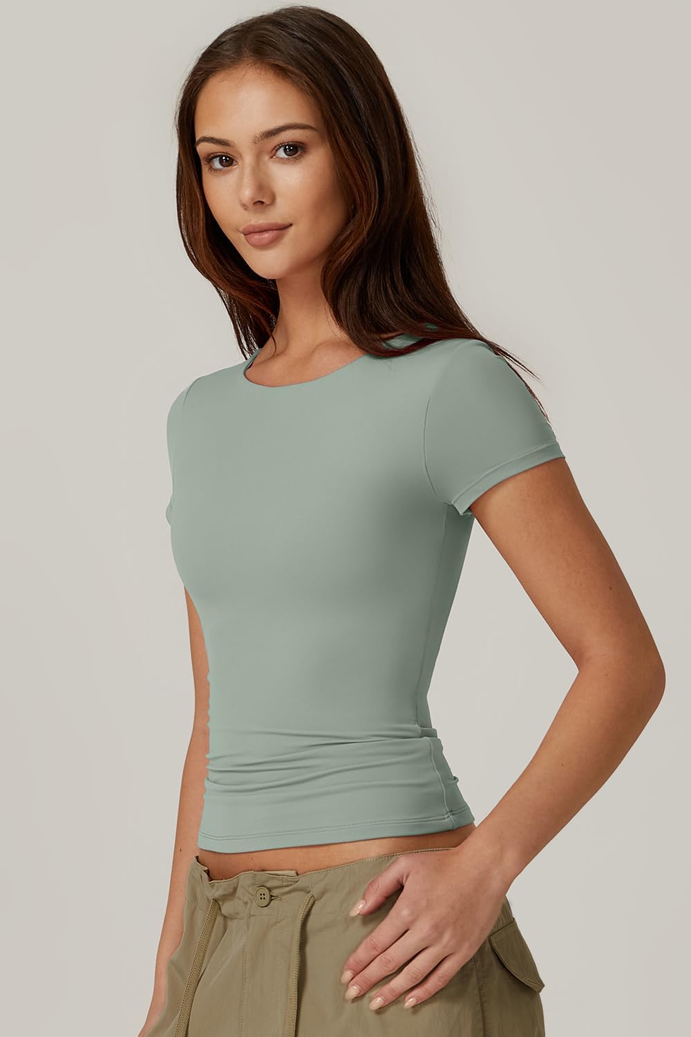 STRIPT, Pistachio Color QINSEN Women's Crew Neck Short Sleeve Tees Double Lined Slim Fit T Shirt Basic Y2K Tops.
