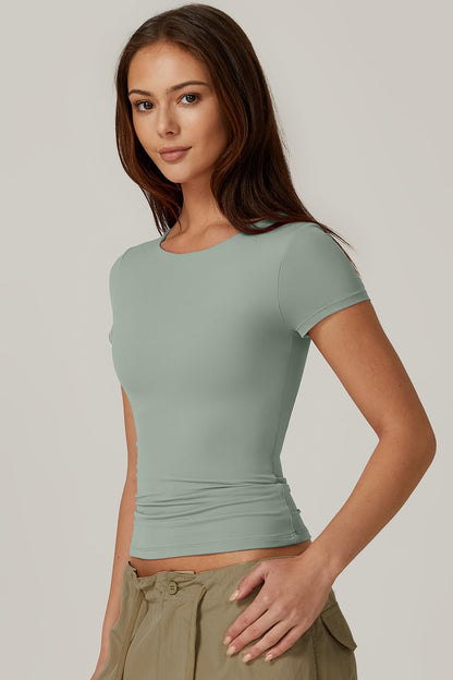 STRIPT, Pistachio Color QINSEN Women's Crew Neck Short Sleeve Tees Double Lined Slim Fit T Shirt Basic Y2K Tops.