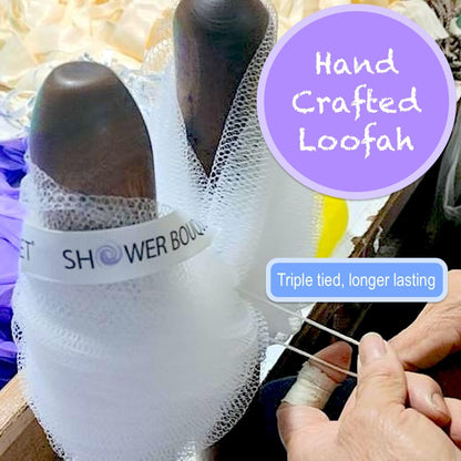 Loofah-Charcoal Back-Scrubber & Bath-Sponge Set // 1 Long-Handle-Back-Brush Plus 2 Extra Large 75g Soft Mesh Loofa-Lufa-Loufa Puff Poufs, Men & Women - Exfoliate with Full Pure Cleanse