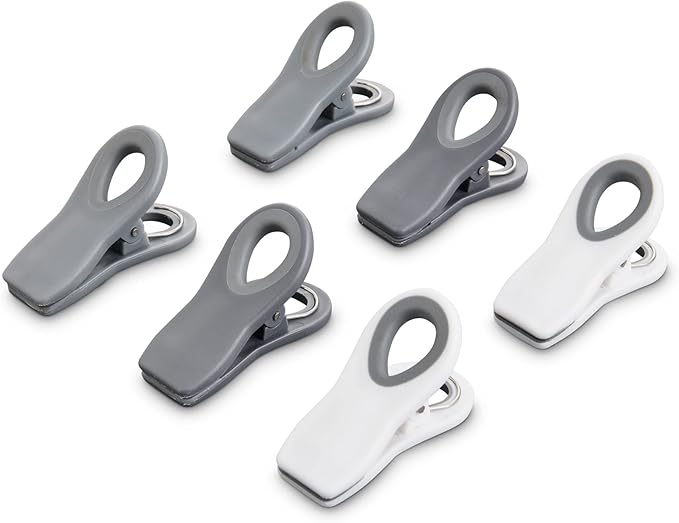 HIC Kitchen Multi-Purpose Magnetic Clips, Soft-Grip Handles, Set of 6 Clips, 2 Each White, Grey, and Charcoal