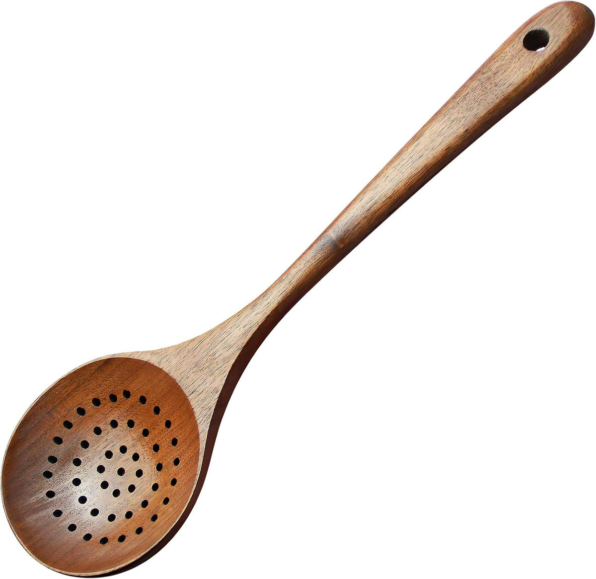 Wooden Strainer Spoon,Wooden Slotted Spoon for Cooking Wood Ladle with Holes Long Handle Skimmer Spoon for Straining Draining Egg Meat Noodles,11Inch