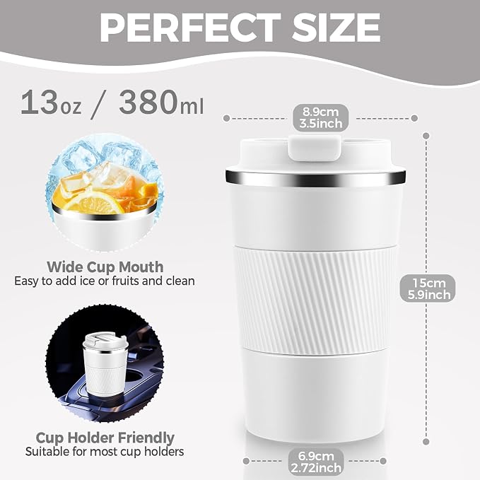 13 oz Stainless Steel Insulated Travel Coffee Mug with Fip Lid,Reusable Double Wall Vacuum Metal Coffee Cup,Portable to Go Leak Proof Cafe Thermal Tumbler for Hot & Cold Drinks(White,1)