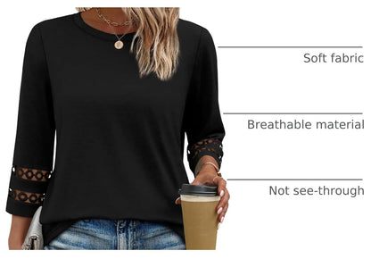 XIEERDUO 3/4 Length Sleeve Womens Tops and Blouses Dressy Casual Crewneck T Shirts Fashion Clothes Loose Fit Trendy