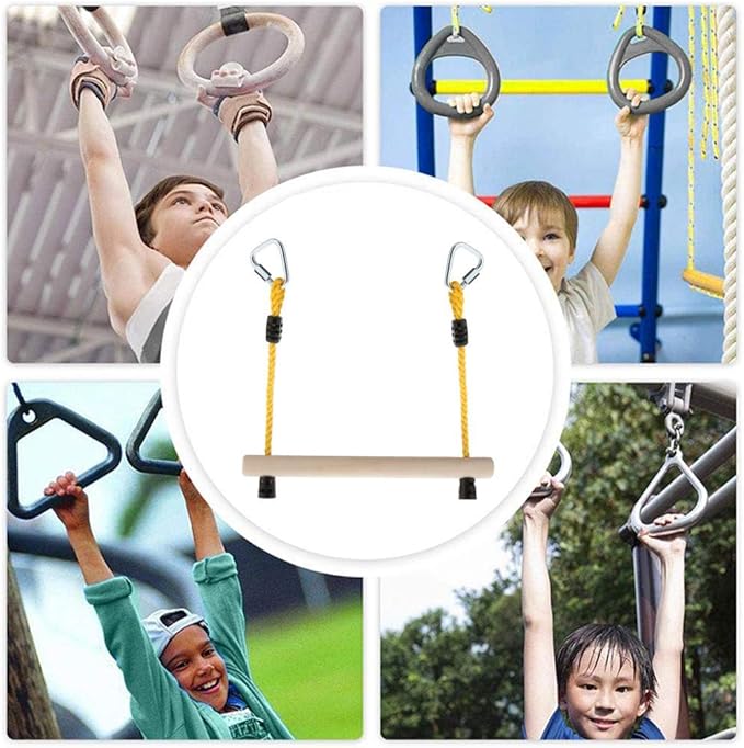 LoveinDIY Children Trapeze Swing Bar with Rings Wooden Rope Rod Gym Playset for Kids