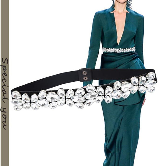 Women Rhinestone Belt Crystal Sparkly Elastic Thin Belts for dressy Lady