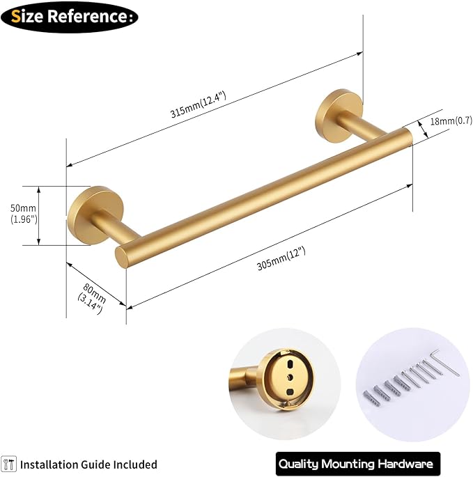 GERZWY 12-Inch Bathroom Towel Bar Modern Round Style Gold Stainless Steel Hand Towel Holder Wall Mount AG1101C30.5-BE