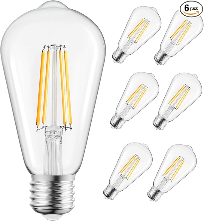 Brightown 6 Pack LED Edison Light Bulbs, 6W, Equivalent 60W, High Bright 2700K Warm White,750 Lumens, Non-Dimmable, E26 Base ST58 Antique Filament Bulbs with 80 CRI for Ceiling Fan Bathroom Porch