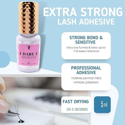 I Dare You Eyelash Extension Glue - 05-1 Seconds Lash Extension Glue (5ml) Fast Drying, Strong Lash Adhesive, 8 Weeks Retention - Fast Curing Extreme Retention Lash Glue for Eyelash Extensions