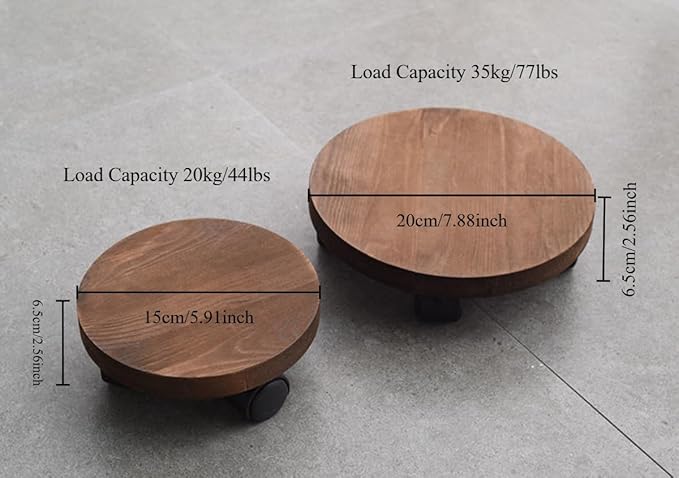 Solid Wood Planter Tray with Rollers, 360 Degree Rotating Wheels Flower Pot Caddy for Home Garden Office Decor, Plant Pot Cart Vases Holder Whiskey Barrels Support Rack (Round 15cm)