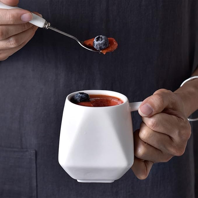 Coffee Mug,White Coffee Mugs, Ceramic Irregular Angular Tea Cup with Handle for Travel School Office Party Camping and Home Dishwasher, and Microwave Stylish Birthday Gift