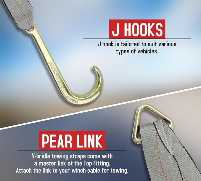 Mytee Products Tow Straps V Bridle 3" x 24" w/ 15" Long Shank J Hooks 5400 lbs Working Load | Recovery V Strap for Car Wrecker Rollback, Car Hauler Carrier