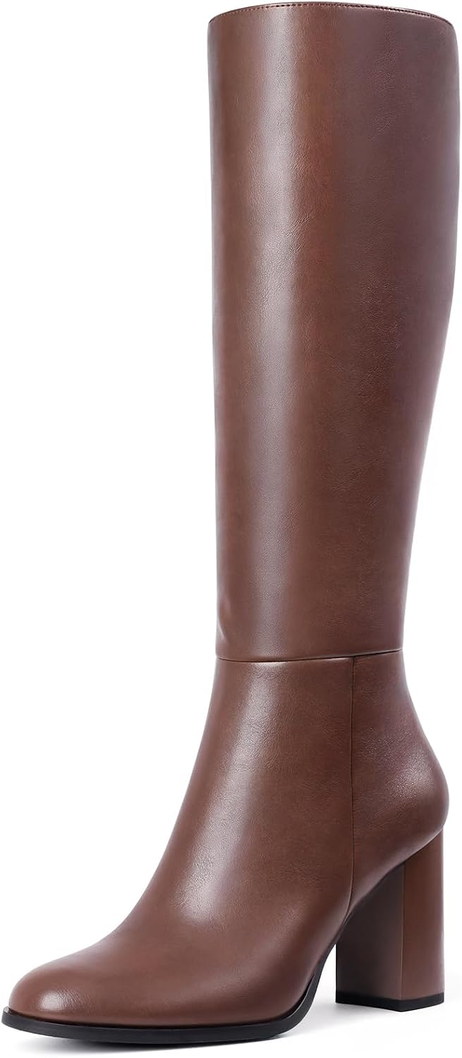 Lumeheel Women Knee High Boots Round Toe Chunky Heel Boots Gogo Boots with Side Zip Fashion Tall Boots for Women