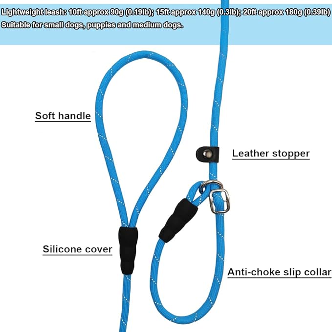 BTINESFUL 10FT / 15FT / 20FT Anti-Choke Slip Lead Dog Leash, Reflective 1/3� Rope Leash Long Training Lead for Small Medium Dogs Blue