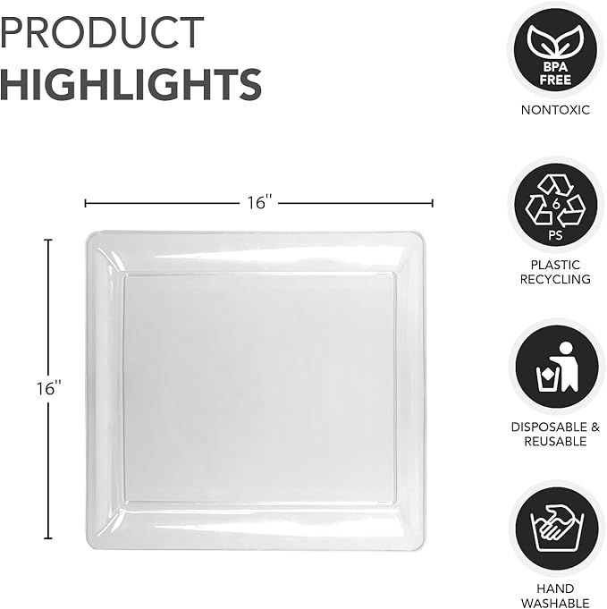Party Essentials Hard Plastic 16 x 16-Inch Square Serving Tray, 3-Count, Crystal Clear