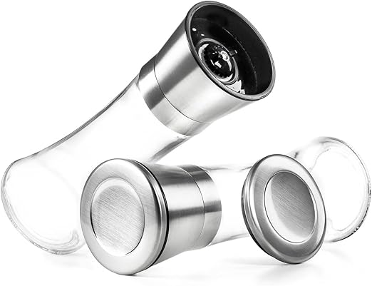 Premium Salt and Pepper Grinder Set of 2- Brushed Stainless Steel Pepper Mill and Salt Mil, Glass Body, Size Grade adjustable ceramic rotor-salt and pepper shakers (tall)