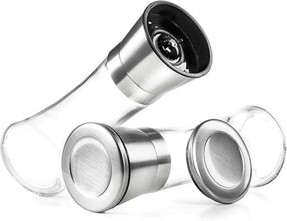 Premium Salt and Pepper Grinder Set of 2- Brushed Stainless Steel Pepper Mill and Salt Mil, Glass Body, Size Grade adjustable ceramic rotor-salt and pepper shakers (tall)