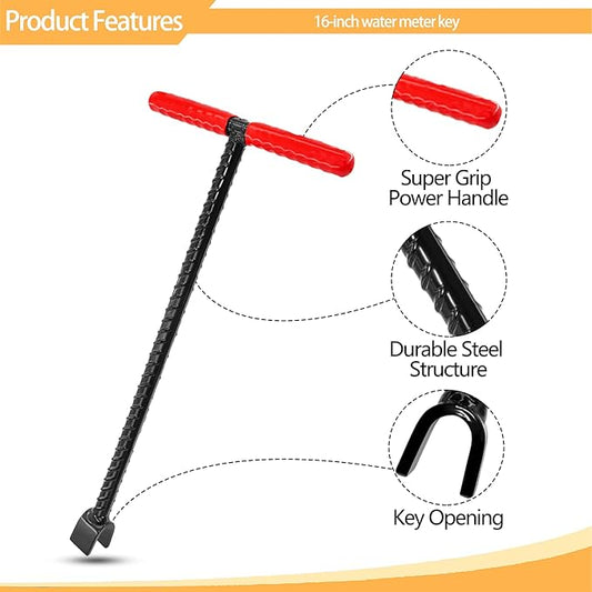 16 Inch Water Meter Key with 4 Way Multi-functional Water Utilities Key Contractor Grade Valve Shutoff Key Tool for Main Water Meter