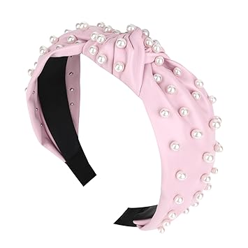 YISSION 1PC Pearl Knotted Headband for Women Non Slip Beaded Headband Wide Leather Headbands for women Jeweled Embellished Hairband Pink Head Band Hair Accessories for Women Girls