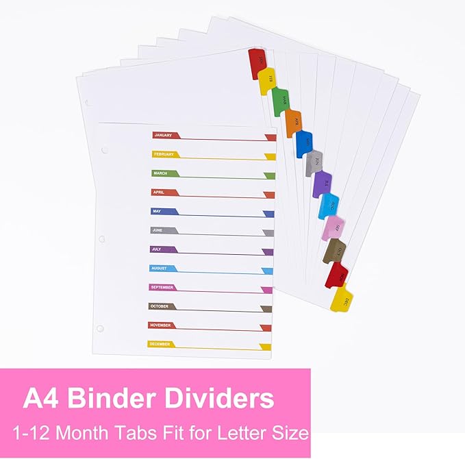Monthly Dividers for 3 Ring Binder, 12 Month Tabs, Multicolor Month Tabs Binder Dividers - with Table of Contents Page, 3 Set