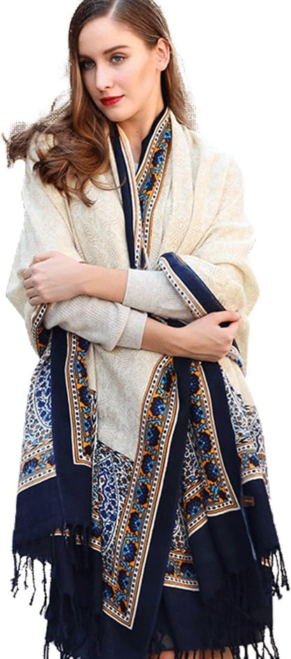DANA XU 100% Merino Wool Pashmina Shawl for Women 96"x43", Oversized Cashmere Wrap with Tassels, Floral Travel Blanket Cape