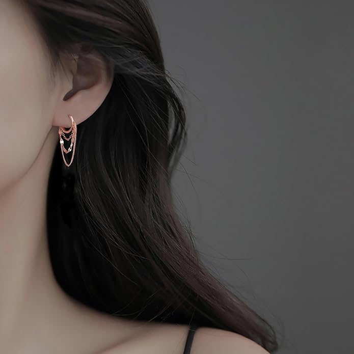 Reffeer Solid 925 Sterling Silver Chain Drop Earrings Hoop for Women Teens Hoop Earrings Tassel Chain Huggie Dangle Earrings