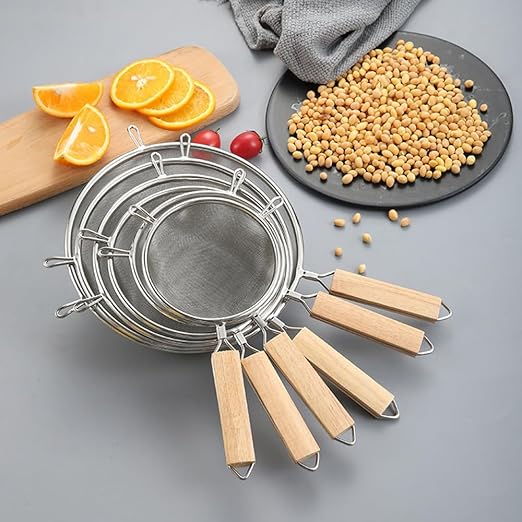 Fine Mesh Strainer 5" 6" 8", Stainless Steel 40 Mesh Sieve with Wooden Handle, Kitchen Metal Sifter Food Strainer for Quinoa, Pasta, Fruits, Vegetables, Rice, Set of 3