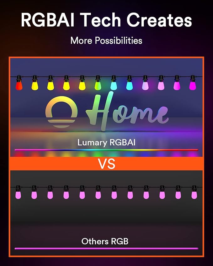 Lumary 100FT Smart Outdoor String Lights with APPRemoteVoice Control, RGBAI Color Changing Patio Lights with Warm White 302 LED Bulbs, IP65 Waterproof Permanent Outdoor Lights Work with Alexa