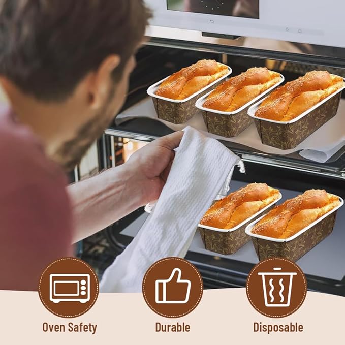 50 PCS Paper Loaf Pans for Baking, 7 Inch Disposable Baking Pans with Clear Plastic Bags and Ties, Rectangle Paper Bread Pans for Cake Bread Oven Loaf Bakery
