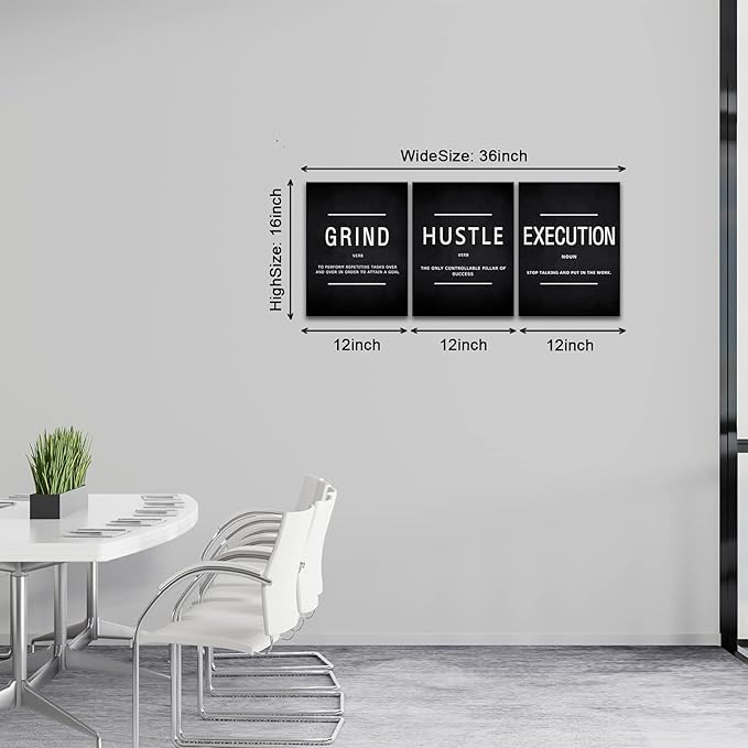 KAWAHONE Canvas Painting Wall Art, Grind Hustle Execution Motivational Wall Art Decoration Posters Prints for Living Room Bedroom, Office Decor, Gallery-Wrapped Canvas Art Set Framed Ready to Hang