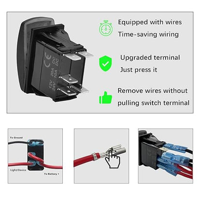 Red Led Spot Lights Rocker Switch 5 Pin OnOff Waterproof Toggle Switch for Car Boat Can Am UTV ATV Polaris 20A12V 10A24V Switch, with Jumper Wires Set