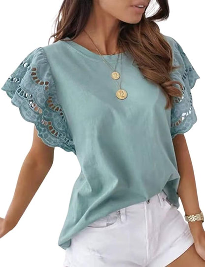 Kwoki Womens Flare Short Sleeved Blouse Round Neck Lace Crochet Mesh Sleeve Shirt Top