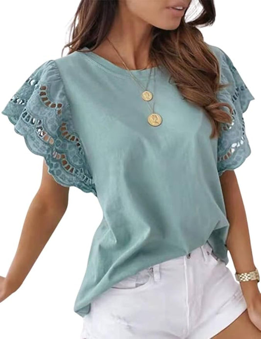 Kwoki Womens Flare Short Sleeved Blouse Round Neck Lace Crochet Mesh Sleeve Shirt Top