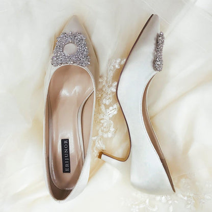 ERIJUNOR Women's Pumps Low Heel Rhinestone Brooch Satin Evening Dress Wedding Shoes