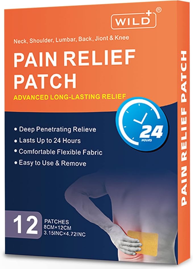 WILD Back Pain Patches Large - 12 Patches, Maximum Strength  Fast Acting  Long Lasting  Knee Patches for Pain Relief Back Pain, Shoulder Pain, Knees, Neck, Joint Pain