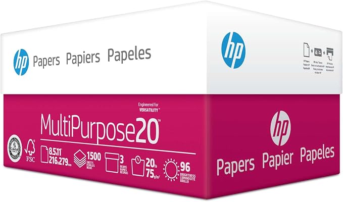 HP Printer Paper | 8.5 x 11 Paper | MultiPurpose 20 lb | 3 Ream Case - 1500 Sheets | 96 Bright | Made in USA - FSC Certified | 112530C