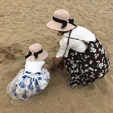 Zsedrut Women,Little Girls Straw Sun Hat Summer Beach Cap Foldable Visor Floppy Hats Wide Brim with Bowknot