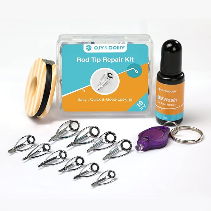 OJYDOIIIY Fishing Rod Tip Repair Kit with Glue,Complete Supplies for Fishing Pole Tip Replacement with Fishing Rod Epoxy,Top Eyelets and Wrapping Thread